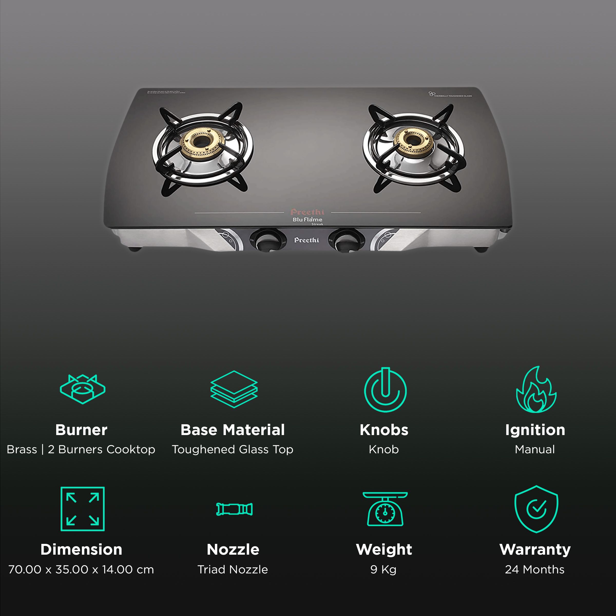 Buy Preethi Blue Flame Streak Toughened Glass Top 2 Burner Manual Gas